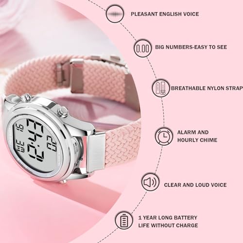 Hearkent Digital Talking Watch for Ladies with American Accent Voice LCD Big Numbers Watch for Visually impaired, Elderly or Blind People