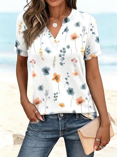 Image of ANRABESS Womens Short Sleeve V Neck Tops Summer Casual T-Shirts Blouses 2026 Spring Trendy Beach Vacation Clothes