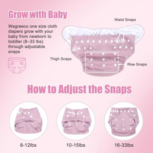 Image of wegreeco Cloth Diapers 6 Pack with 6 Inserts & 1 Wet Bag, Washable Cloth Diapers for Babies, One Size Adjustable Reusable (Dreamy Pink and Purple)