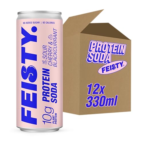 Feisty Drinks Protein Soda – Sour Cherry and Blackcurrant | 12x330ml | 10g Plant-Based Protein, Essential Amino Acids, No Artificial Ingredients, No Added Sugar, Dairy-Free, Low-Calorie
