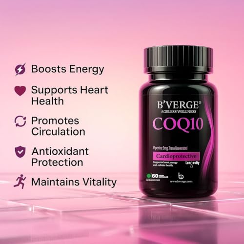 Image of B'Verge COQ10 supplement (Ubiquinone 99%) 200mg with Resveratrol + Piperine 95% | Superior Absorption, Supplement for Heart Health and Energy Metabolism (60 count (Pack of 1), COQ10-60 caps)