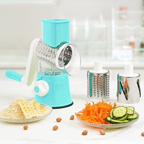 Elyum Rotary Cheese Grater Manual Cheese Grater With Handle 3 Interchangeable Stainless Steel Blades Cheese Shredder Strong Suction Base Cheese Graters For Kitchen Vegetables, Cheese And Nuts (Blue) #TOP7