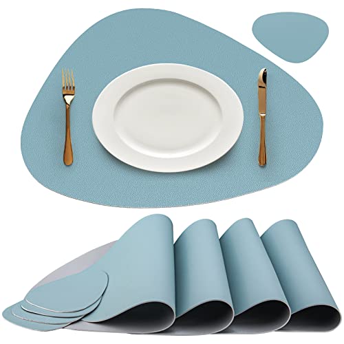 4er Platzsets Leder, Oval Tischset Platzdeckchen, Doppelseitigen Waschbar Untersetzer (Blaues Silber) Cover