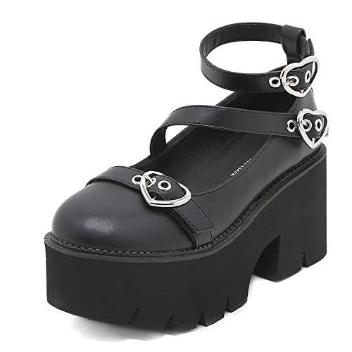 bbruriy Mary Jane Shoes with Double Ankle Strap for Women Round Toe Chunky Heel Gothic Uniform Dress Pumps Fashion Comfy School Black PU Leather Shoes