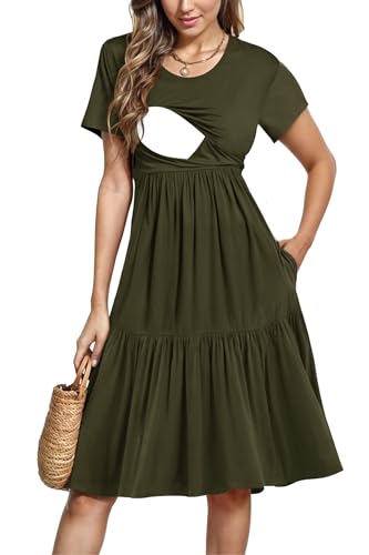 Image of PARNIXS Women's Summer Nursing Dress Short Sleeve Maternity Knee Length Breastfeeding Dress