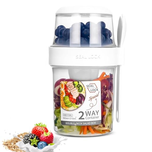 Taza de cereales para llevar 310 ml + 560 ml, vaso de yogur para viajes con cuchara, vaso de cereales, taza de cereales, vaso de yogur de doble capa, a prueba de fugas, vaso de ensalada para trabajo,