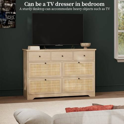 Yechen 47.2'' Wide Modern 7 Drawers Rattan Dresser for Bedroom, Boho Dressers Industrial Wood with Sturdy Legs, Closet Storage Dressers Organizer and TV Stand(Natural, 7 Drawers)