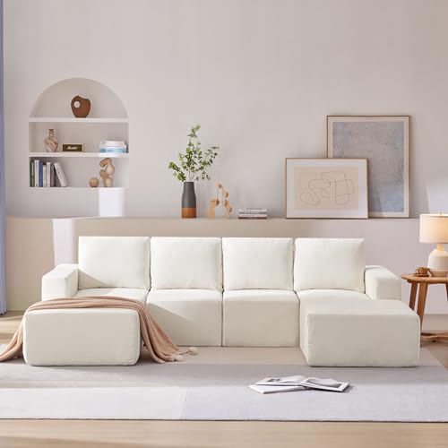 Image of LIANGFU 110“ U Shaped Sectional Sofa, Luxury Chenille Floor Couch Set, Modular Sectional Sofa, Chenille Upholstered Sofa, Sleeper Sectional Sofa, Sectional Couches for Living Room (Beige)