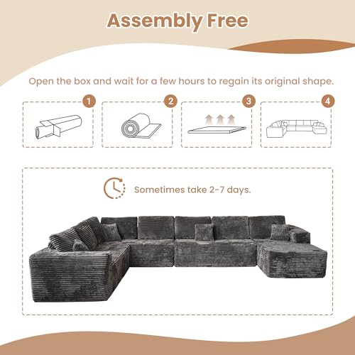 Image of HOOOWOOO Cloud Sectional Couches for Living Room,Modular Sectional Sofa No Assembly,165X110 Inch Plush Corduroy Large U Shaped Floor Couch Set with Deep Seat Chaise Lounge(Gray)