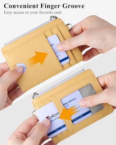 Image of Teskyer Slim RFID Wallet for Women, Small Card Holder with Zip Pocket, Yellow, 3.5 inch x 4.7 inch, Minimalist | Zip Pocket for Cash Coin, 1 ID Window & 7 Card Slots, Ultra Slim Design, D-Ring for Neck Lanyard, for Daily Carry and Travel