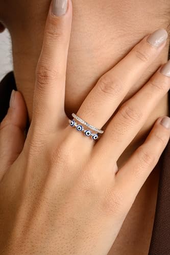 Image of American Diamond Evil Eye Open Ring for Women, Adjustable Blue Double Band Ring, Gift for Her