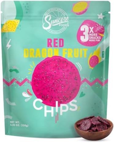 Suncore Foods Red Dragon Fruit Chips 5.32oz, Crispy Pitaya Snack | Vegan