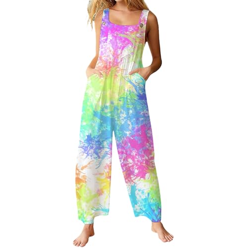 Image of Generisch Rainbow Dungarees for Women Summer Jumpsuits Sleeveless Jumpsuit Wide Leg Jumpsuit with Adjustable Strap Dungarees Cotton Linen Casual Trousers Outdoor Beach Holiday Dungarees, multicoloured
