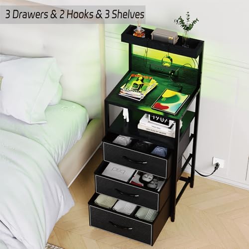 SZLHANJZ LED Nighstand with Charging Station, Dresser Nightstand with 3 Drawers and LED Lights, Storage Side Table with 3 Shelf and Hooks, Bedroom End Table for Bedside, Modern Black