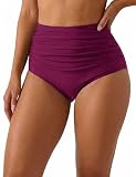 Firpearl High Waisted Bikini Bathing Suit Bottoms for Women Tummy Control Swim Shorts Shirred Tankinis Briefs Burgundy US14