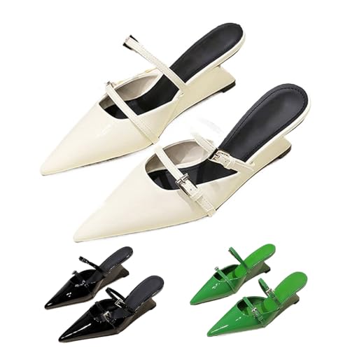 Women's Patent Leather Pointed Toe Wedge Mules with Adjust Instep Buckle Fashion Sexy Closed Toe Slingback MID Chunky Heel Dress Pumps Sandals for Party Prom Work