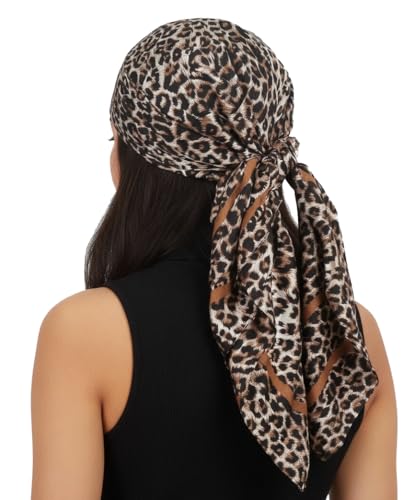 HinyBoeh Leopard Silk-Head-Scarf for Women, 35 Inch Lightweight-Satin Head-Neck-Wrap-Hair Bandana