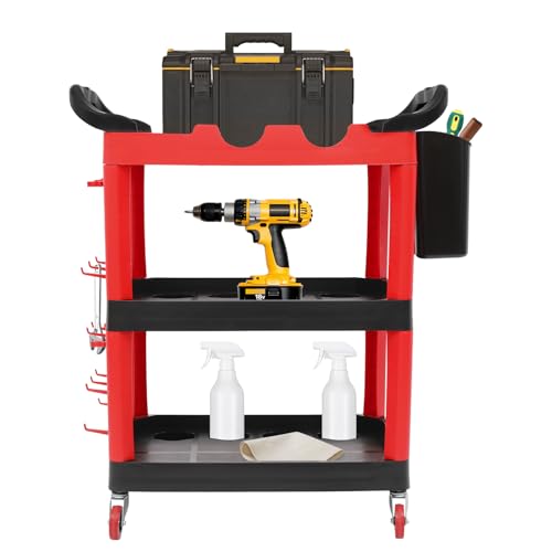 300 Lbs Auto Detailing Cart with Wheels, 3 Tier Rolling Detail Cart with Long Hanging Plate & Hooks & Hanging Bucket, Car Wash Organizer Cart for Detailers Garage, Workshop, Repair Shop, Storage Tool