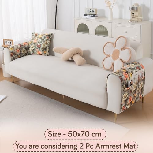 Image of HOKIPO 'Nature Muse' Premium HD Printed Holland Velvet Sofa Armrest Covers with Pockets | 1 Pair | Butterfly Orchard (IN-921-L-D3*2)
