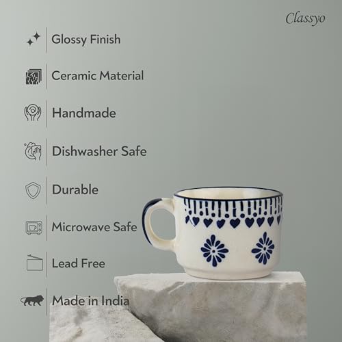Image of Classyo Ceramic Tea Cup Set of 6 for Tea, Microwave and Dishwasher Safe, Capacity - 220ml Each (Blue Floral)