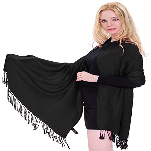 CJ Apparel Black Solid Color Tassels Design Nepalese Shawl Seconds Scarf Wrap Stole Throw Head Wrap Pashmina Hand Made in Nepal New2