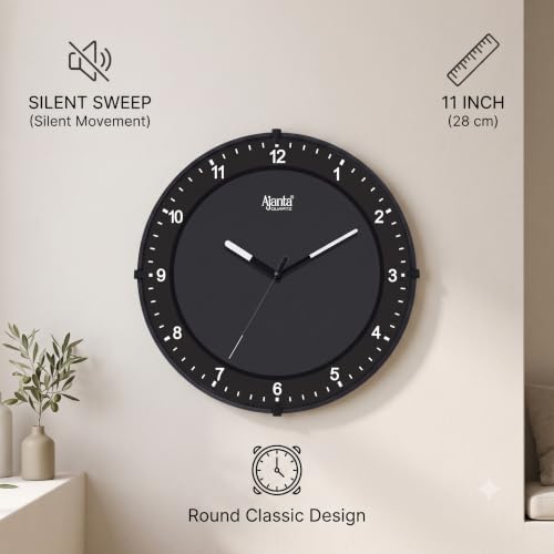 Image of Ajanta 11 Inch Designer Wall Clock Black Silent Sweep Analog Clock