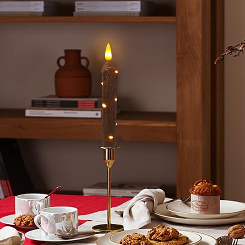 Image of 6.5 Inches Primitive Real Wax LED Flameless Short Candlesticks Hand Dipped Battery Operated Taper Candles with Timer Remote Candles for Vintage Rustic Home Decor, Pack of 2(Brown)