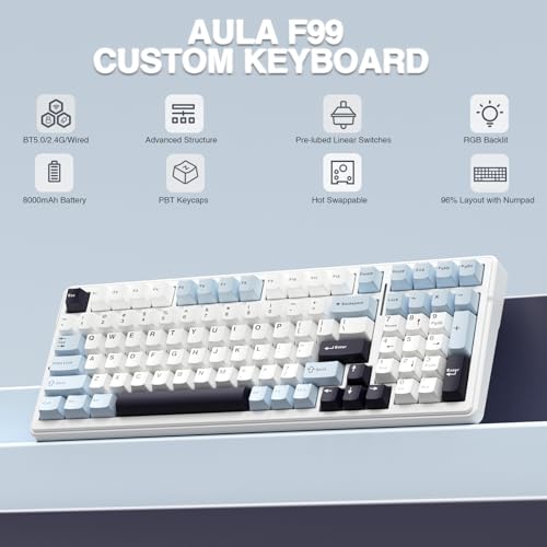 Image of AULA F99 Wireless Mechanical Keyboard, Hot Swappable Custom Keyboard,Pre-lubed Linear Switches,Gasket Structure,RGB Backlit Gaming Keyboard (Blue&White)