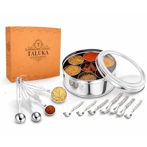Taluka Stainless Steel Spice Container Box Indian Masala Dabba With 7 Compartments 4 Pcs Of Measuring Spoon & 7 Small Spoons For Home Restaurant Chefs 8x8 Inches