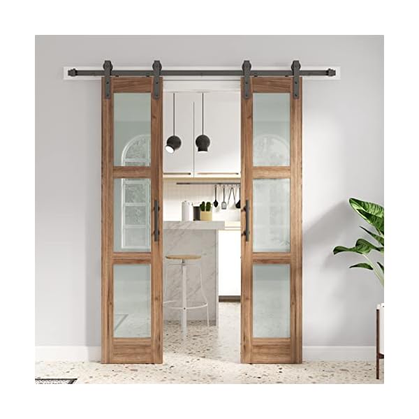FREDBECK Double 18 x 84 inch Glass Barn Doors 36inch Barn Door with 6.6FT Hardware Kit & Handle Included,3-Panel Frosted Glass,MDF Wood Panel,Water-Proof PVC Surface,Pre-Drilled Holes,Need Assembly