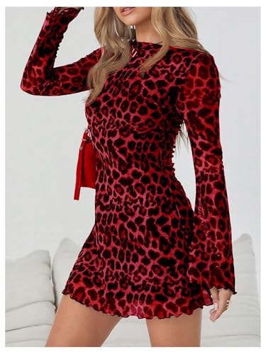 Image of Milumia Women's Leopard Print Mini Dress Y2k Bell Long Sleeve Cheetah Short Dresses Going Out Party Clubbing Outfits