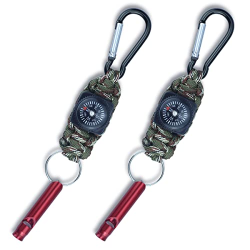 2 Packs Emergency Survival Whistle with Compass Braided Paracord Keychain with Carabiner Multifunctional Survial Keychain Whistle Compass for Outdoor Hiking Trveling Hunting Boating Fishing