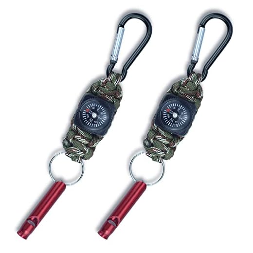 2 Packs Emergency Survival Whistle with Compass Braided Paracord Keychain with Carabiner Multifunctional Survial Keychain Whistle Compass for Outdoor Hiking Trveling Hunting Boating Fishing