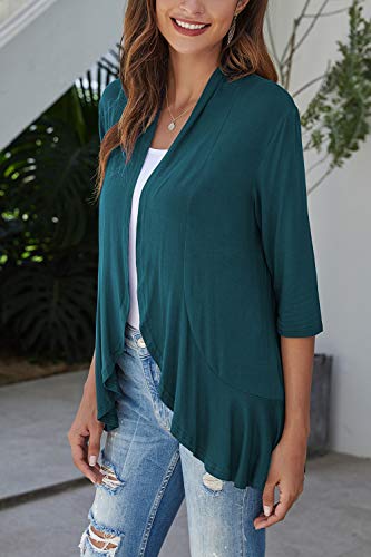 Bluetime Women Casual Lightweight Open Front Cardigans Soft Draped Ruffles 3/4 Sleeve Cardigan (XL, Teal Blue)