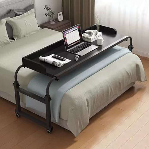 Foldable Table Tray Bedside Laptop Table Home Bed Simple Desk Folding Mobile，Adjustable Height Overbed Table with 360° Wheels and Baffle Rolling Bed Desk with Metal Legs for Laptop