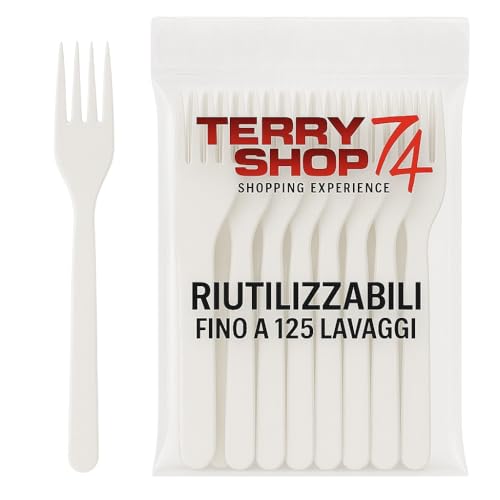 Terryshop74 Forchette Riutilizzabili Lavabili in Lavastoviglie Fino a 125 Volte – 7 Pollici – 6 Colori – Plastica Resistente – Varianti Coltelli e Cucchiai Bianchi (100, Forchette bianche)