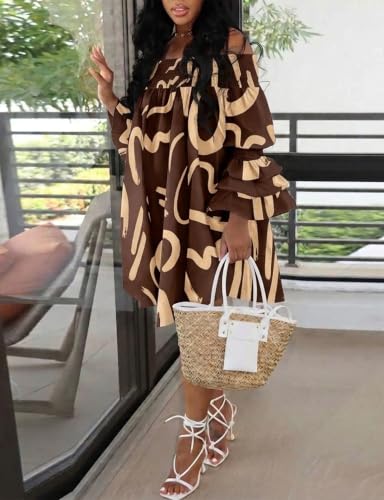 Image of WOKANSE Party Dresses for Women Off Shoulder Layered Flare Sleeve A line Ruched Plus Size Midi Summer Dress