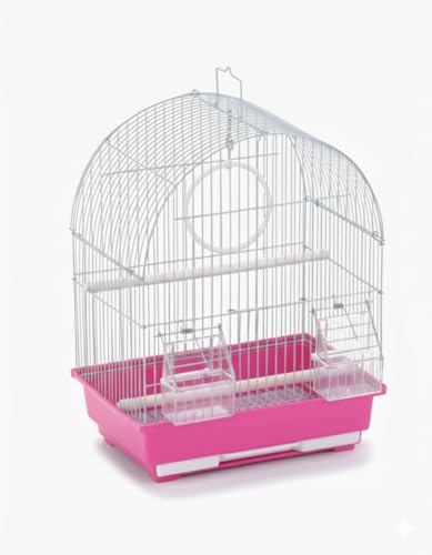 MOLY Vogelkäfig 30 x 23 x 39 cm Rosa | Zusammenklappbarer Vogelkäfig für Kanarienvögel, Wellensittiche und kleine Vögel | Leicht zu reinigen und zu montieren | 1 Schaukel + 2 Futterspender + 2 Stangen