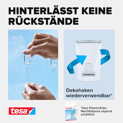 tesa Klebehaken für transparente Oberflächen und Glas (1 kg) - Durchsichtige, selbstklebende Haken - Bis zu 1 kg Halteleistung pro Haken, 2-er Pack
