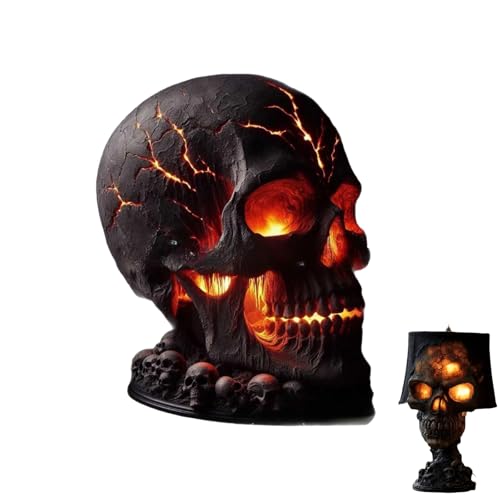 Lava Rock Skull Flame Table Lamp with Cracked Glow, Spooky Gothic LED Desk Light for Halloween Home, Eerie Room Accent for Mysterious Atmosphere​ (Section a)