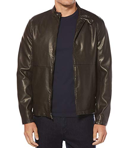 Perry Ellis Men's Faux Leather Zip Front Jacket, Dark Brown, Extra Large