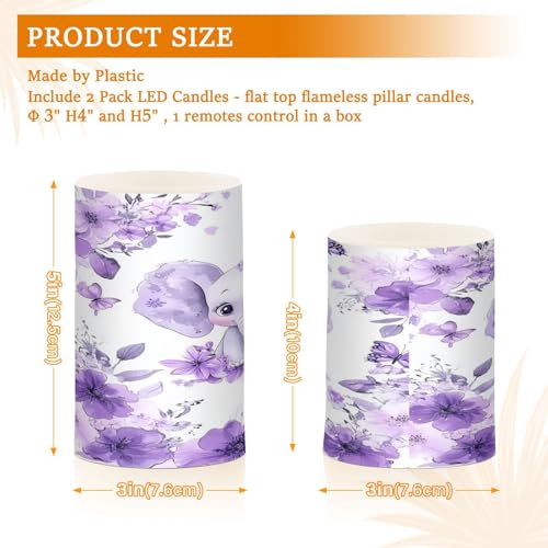 Image of Purple Elephant Butterfly Flower Flickering Flameless Candles LED Battery Operated with Remote Timer Pillar Candles for Home Birthday Wedding Christmas Decor, Set of 2