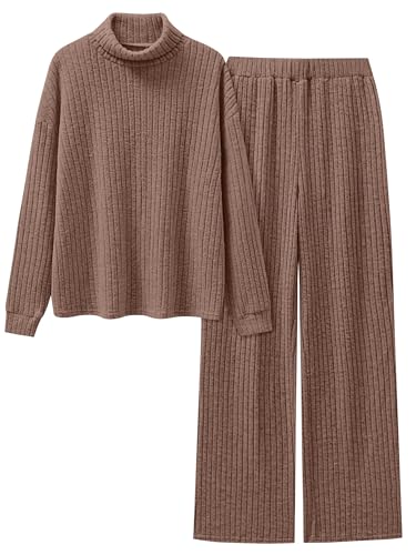 ANRABESS 2 Piece Lounge Sets for Women Turtleneck Pajama Knit Long Sleeve Tops Pants Matching Pj Set Casual 2025 Fall Clothes