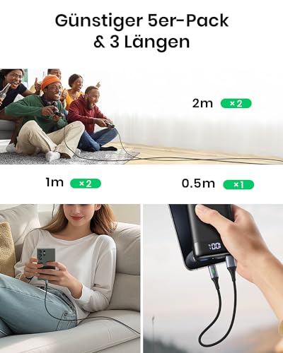 8. Bild von INIU USB C Kabel, (5 Stück/1+1+2+2+3m) Ladekabel USB C 3,1A QC 3,0 Schnellladekabel, Typ C Handy Ladekabel für PS5 Samsung S22 Ultra S21 Xiaomi 11 iPad Air Google Pixel 7 Pro Huawei P50 Xperia usw. 2m+2m+1m+1m+0.5m