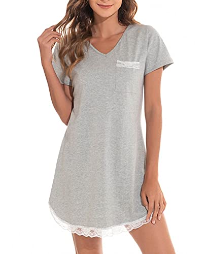 CMTOP Camisón Mujer Manga Corta Algodón Camisón Con Encaje Sexy Ropa De Dormir Suave Con Bolsillo