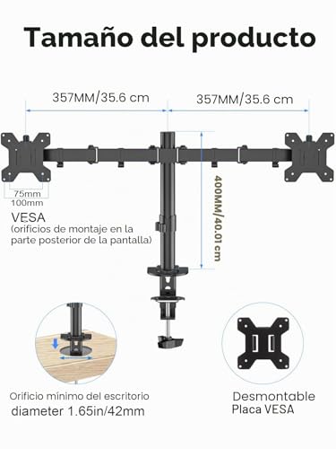 Soporte doble para monitor brazo articulado de escritorio VESA 75 100 para dos pantallas 13-27 3