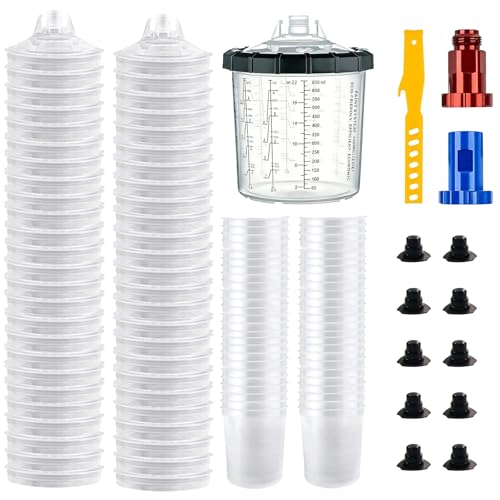 Godet de Peinture pour Pistolet Pulvérisateur, 650ML Gobelet de mélange de Peinture avec 20 gobelets et couvercles, 1 gobelet Dur avec Anneau de retenue, 2 Adaptateur...