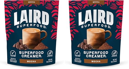 Image of Laird Superfood Non-Dairy Coffee Creamer Mocha, Shelf-Stable Superfood Non-Dairy Powder Creamer, Gluten Free, Non-GMO, Vegan, 16 oz. Bag, Pack of 2