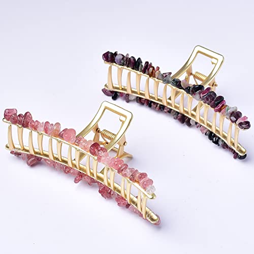 Large Crystal Hair Clips Gemstone Jeweled Claw Clip Decorative Thin Thick Hair Accessories For Women Girl Colorful Tourmaline Strawberry Quartz 4.7" Set Of 2 #TOP6