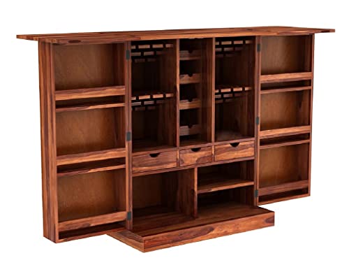 Image of Solid Sheesham Wood Bar Unit Cabinet with Storage Bottle Shelves & Built-in Glass Holder Pyramid Drink Wine Rack Organizer for Living Room, Home & Lounge Dining Cupboard Liquor Furniture